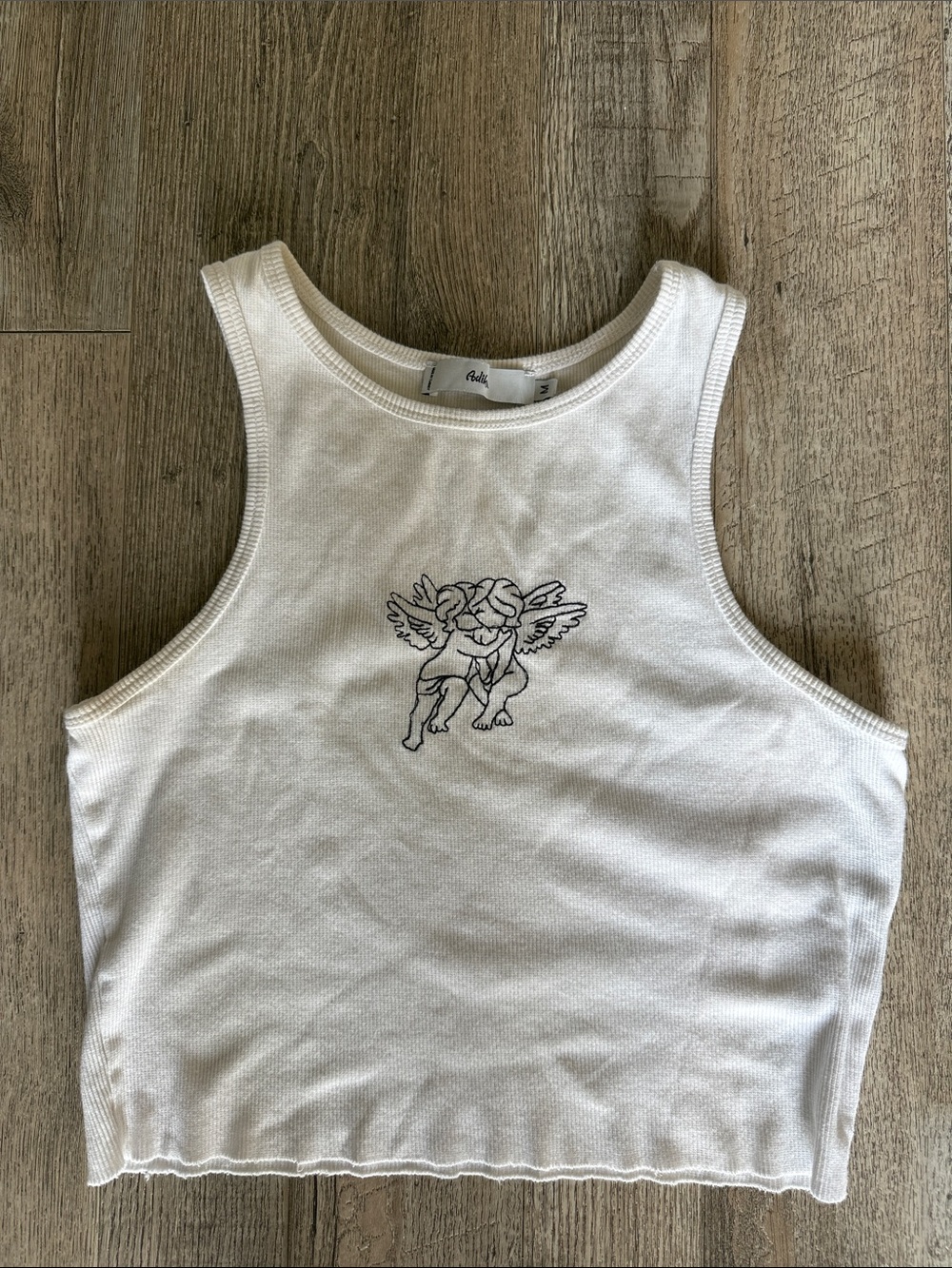 Edikted White Ribbed Cropped Tank with Cherub Embroidery